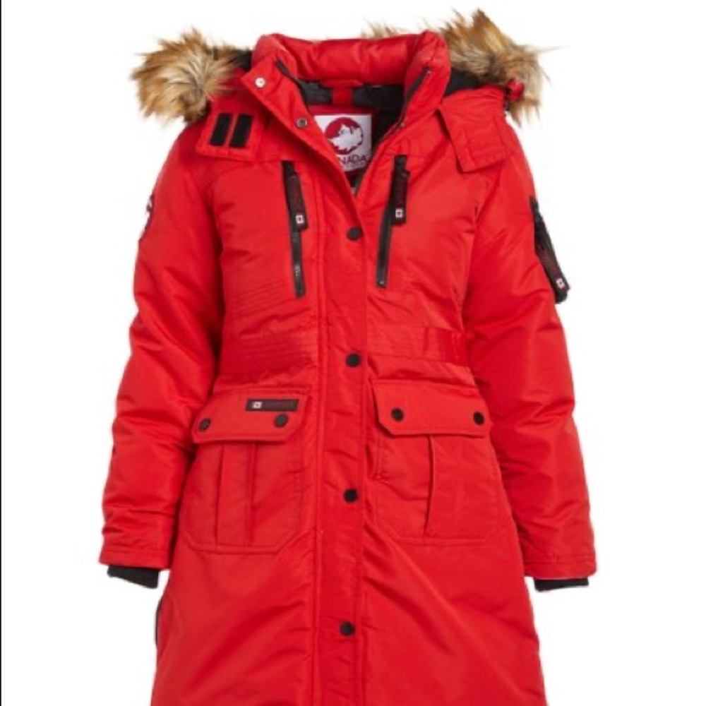Red Faux Fur Long Cinch-Waist Parka